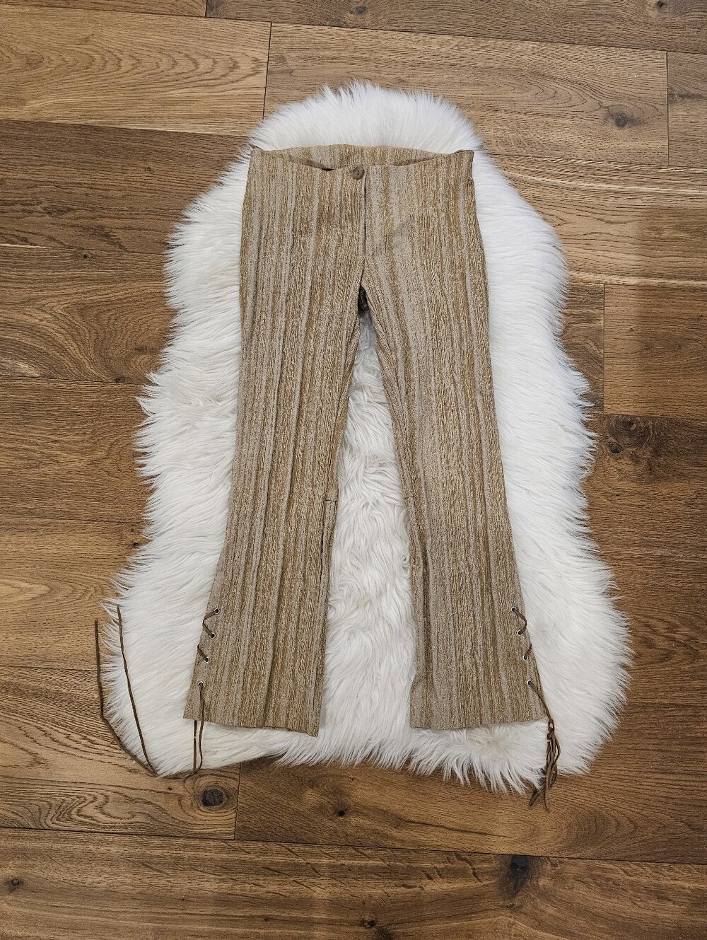 Vintage Beige Ribbed Knit Pants with Lace-Up Hem